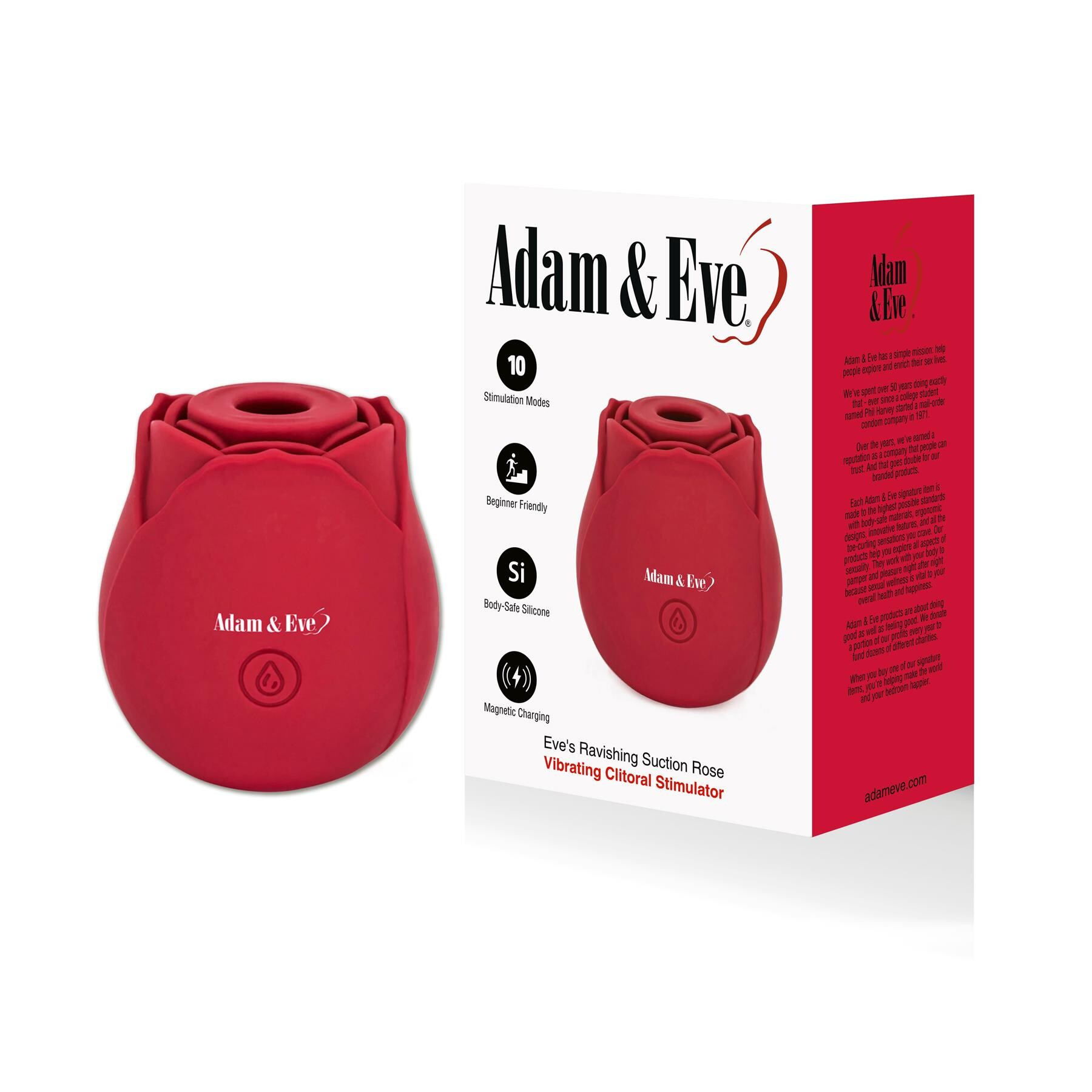 A red rose-shaped clitoral stimulator with "Adam & Eve" branding.