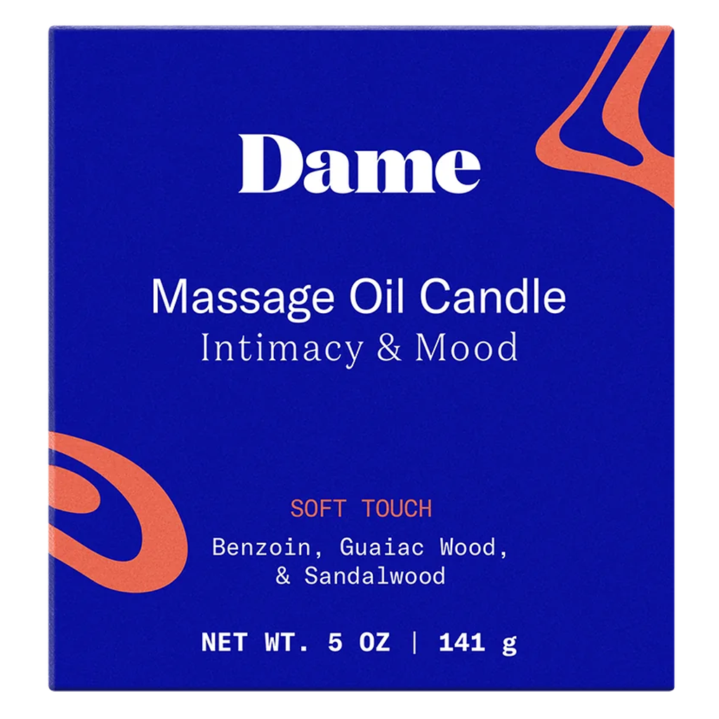 Dame Soft Touch massage oil candle with Benzoin, Guaiac Wood, and Sandalwood.