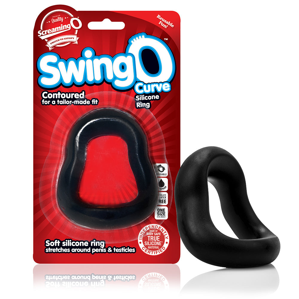 A black curved silicone cock ring on a red and white package.