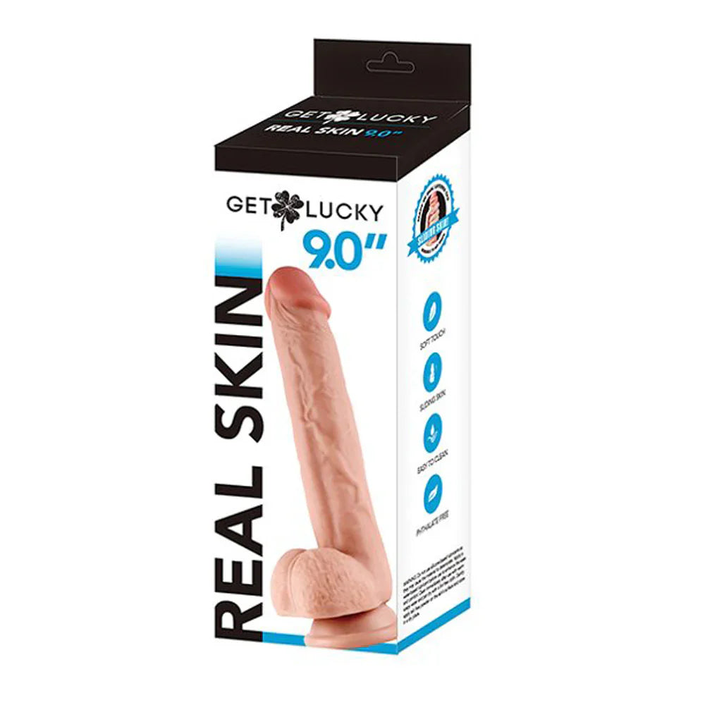 Boxed 9-inch realistic flesh-toned dildo with real skin texture, waterproof.