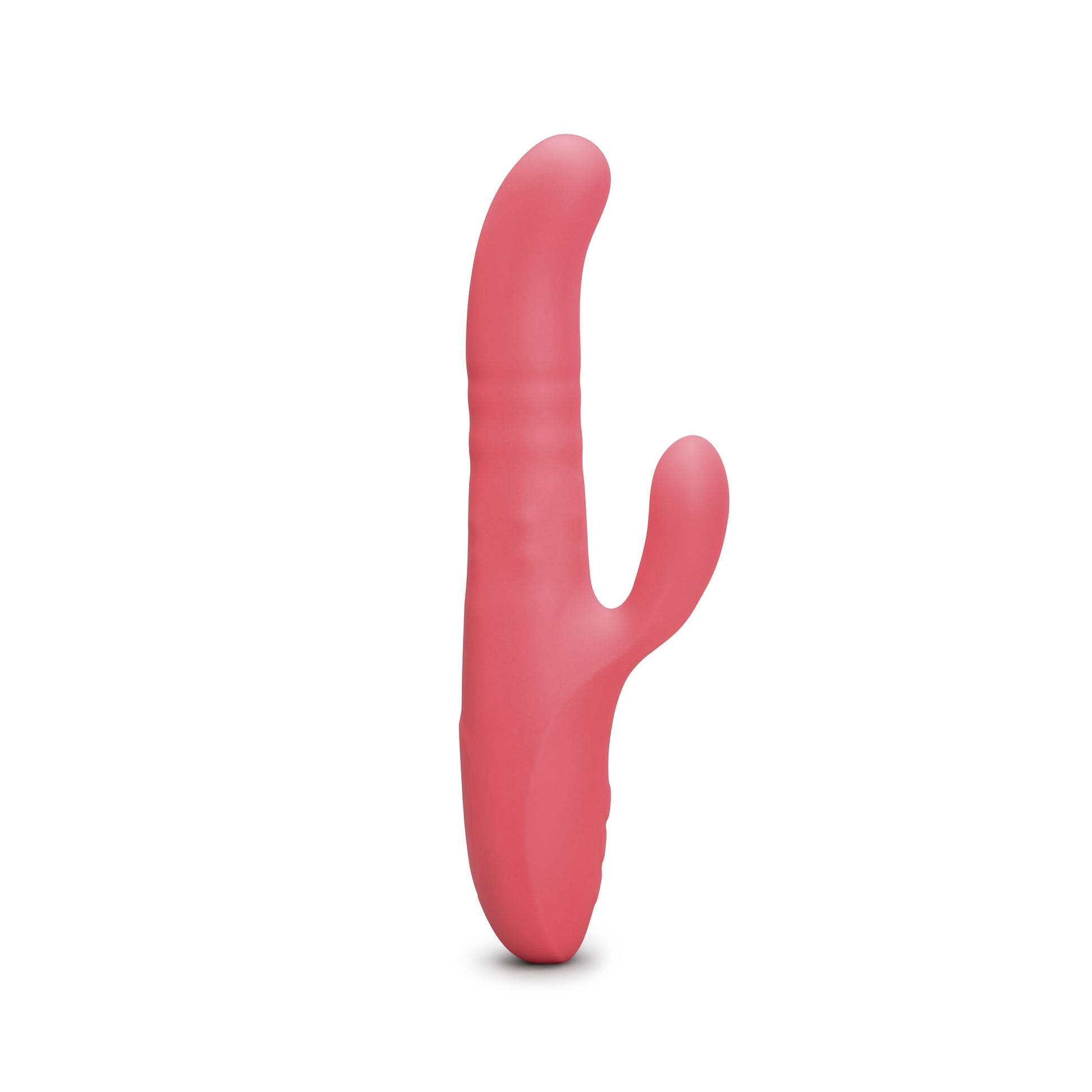 Pink silicone vibrator with a curved tip and a smaller appendage.