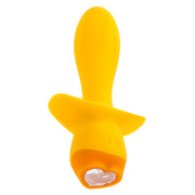 Yellow silicone vibrating plug with a textured base and heart-shaped gem.