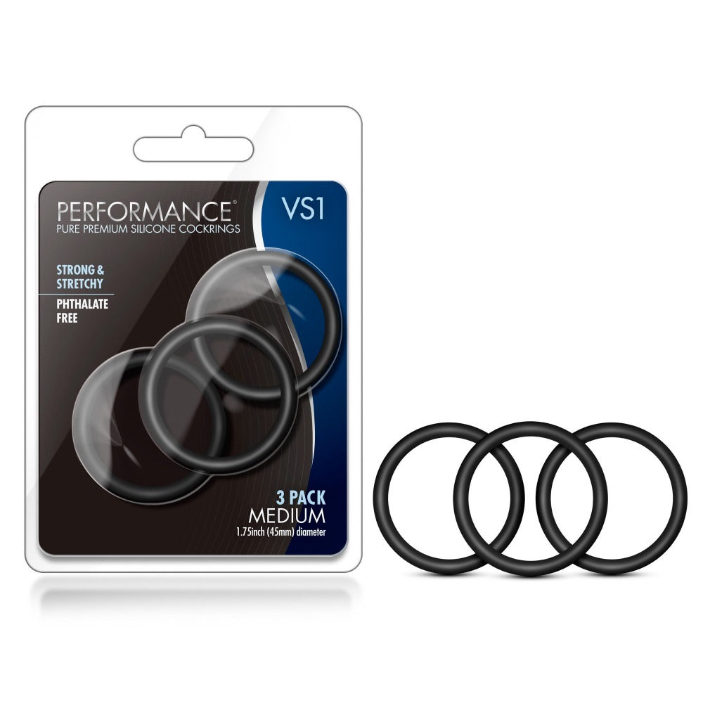 Three black silicone cock rings in packaging and displayed separately.