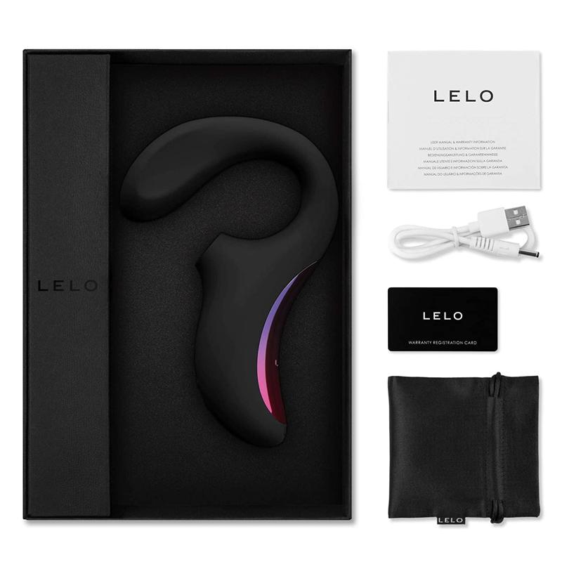 Black Lelo Enigma Sonic massager in a box with accessories.