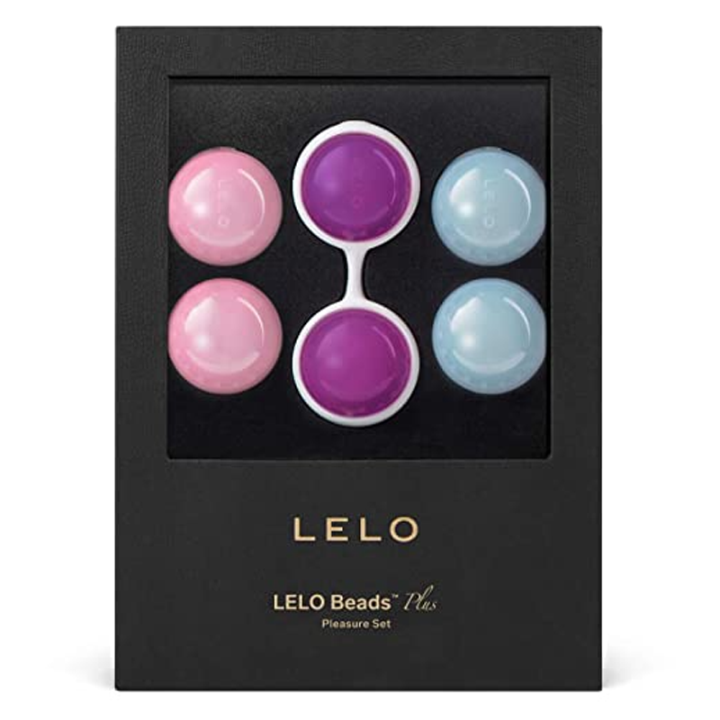 A black box containing six Lelo pleasure beads in pink, purple, and blue.