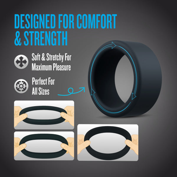 A black silicone cock ring set with text about comfort and strength.