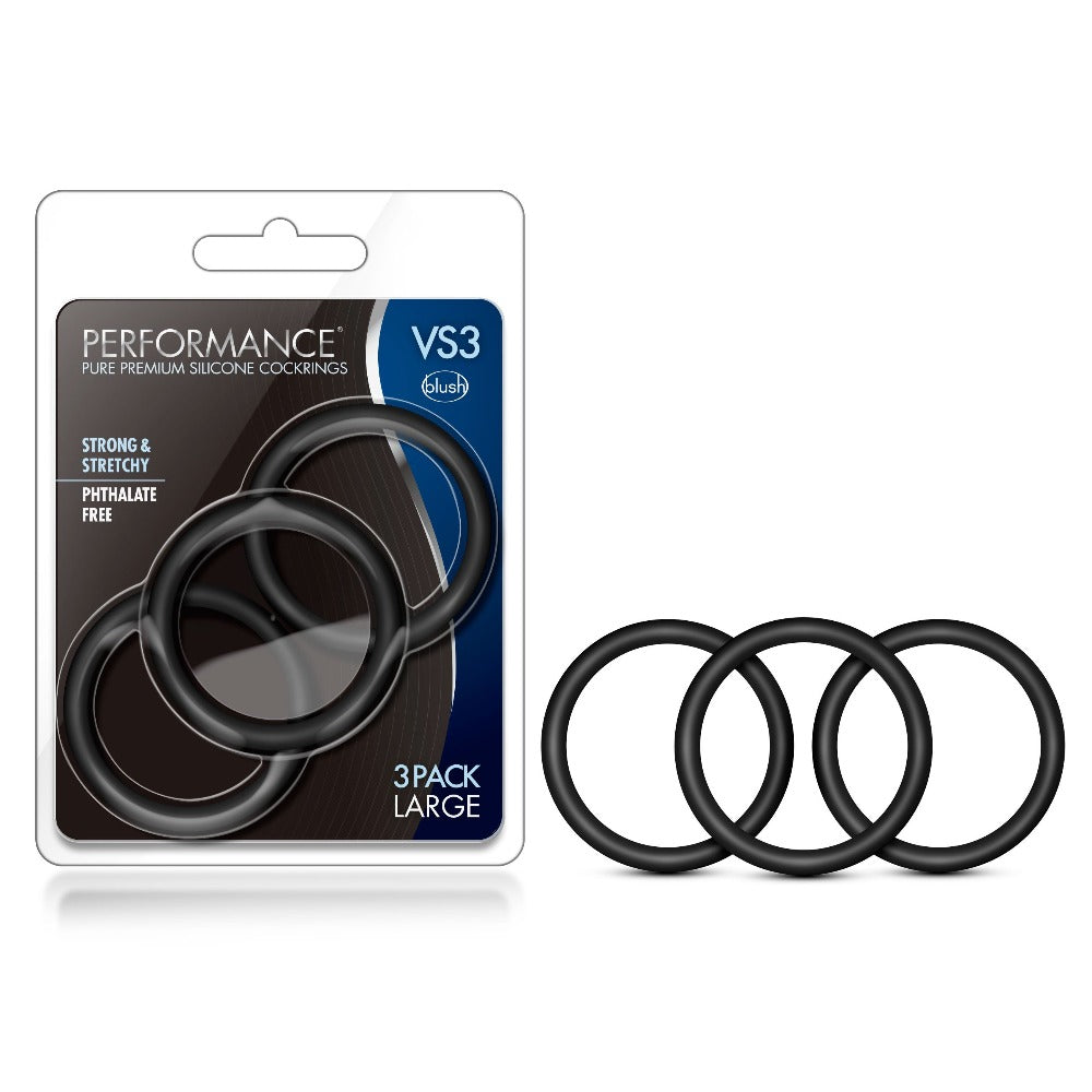 Performance VS3 Pure Silicone Cock Rings, 3 pack, large size.