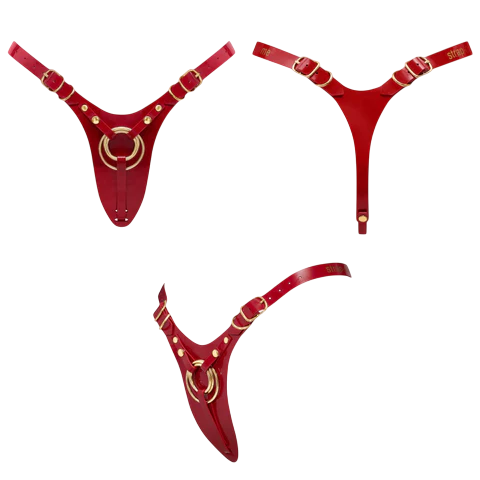 Red leatherette strap-on harness with gold rings.