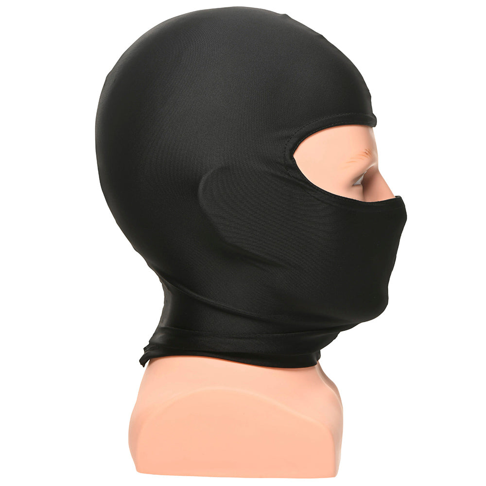 Black spandex hood with eye openings and zipper back on a mannequin.