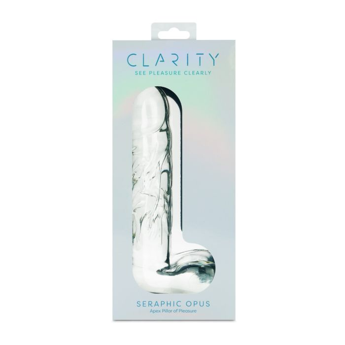 A clear glass dildo with swirling patterns inside, presented in its packaging.