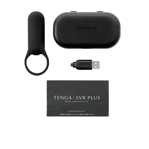 Black Tenga SVR+ vibrating cock ring with charging cable and user manual.