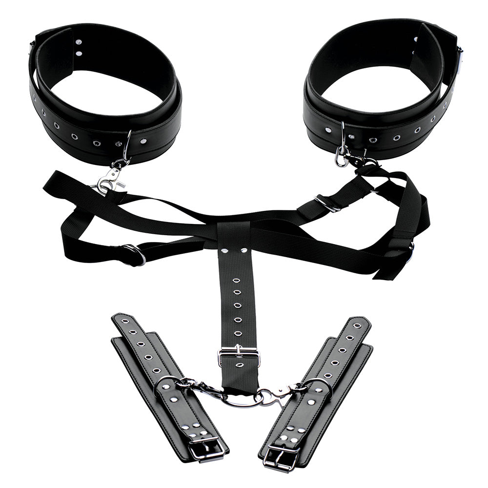 Black adjustable thigh and wrist positioning harness with straps and cuffs.