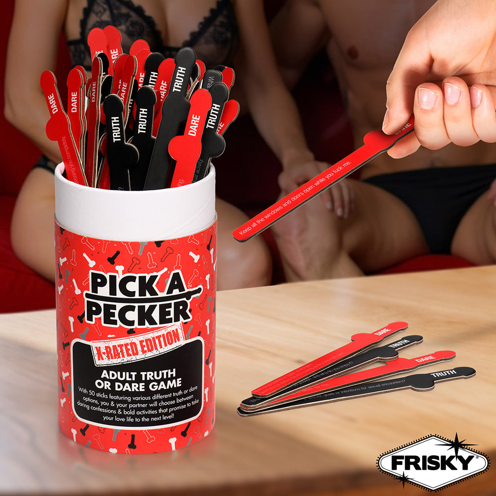 Adult truth or dare card game with "Pick A Pecker" branding.