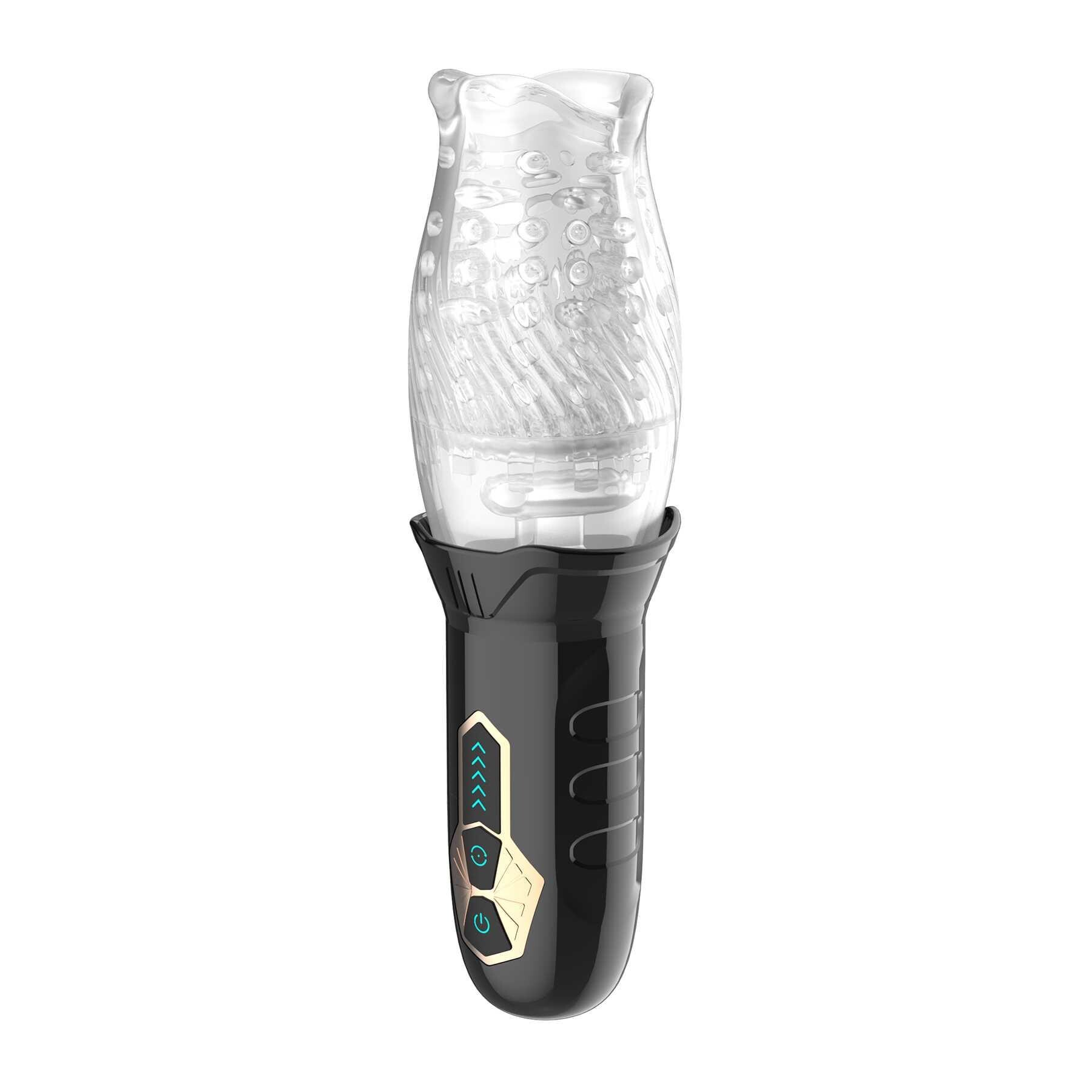 A black and clear rotating and vibrating masturbator with textured interior and control buttons.