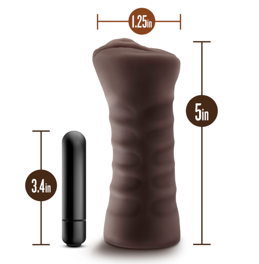 Brown ribbed stroker sleeve with dimensions 5 inches long and 1.25 inches wide.