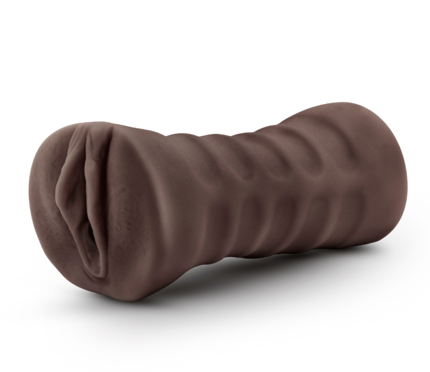 Brown ribbed vibrating stroker sleeve with a textured interior.