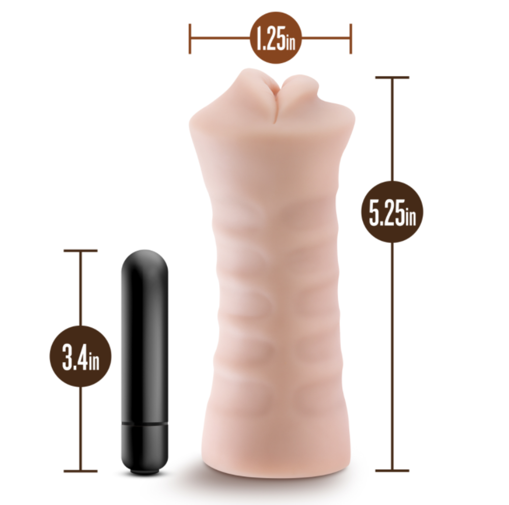 A ribbed vanilla stroker with a black vibrator, showing dimensions.