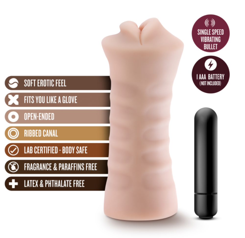 A beige ribbed stroker with a black vibrating bullet.