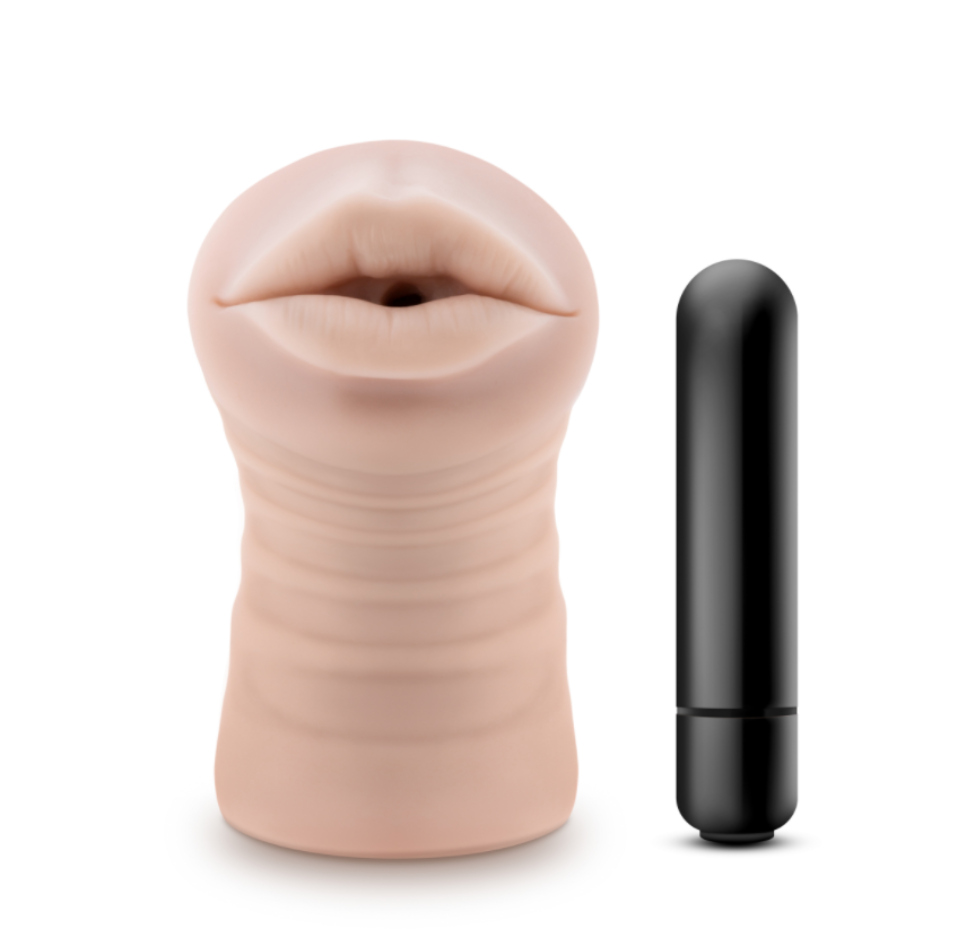 Vanilla ribbed vibrating stroker with black bullet vibrator.
