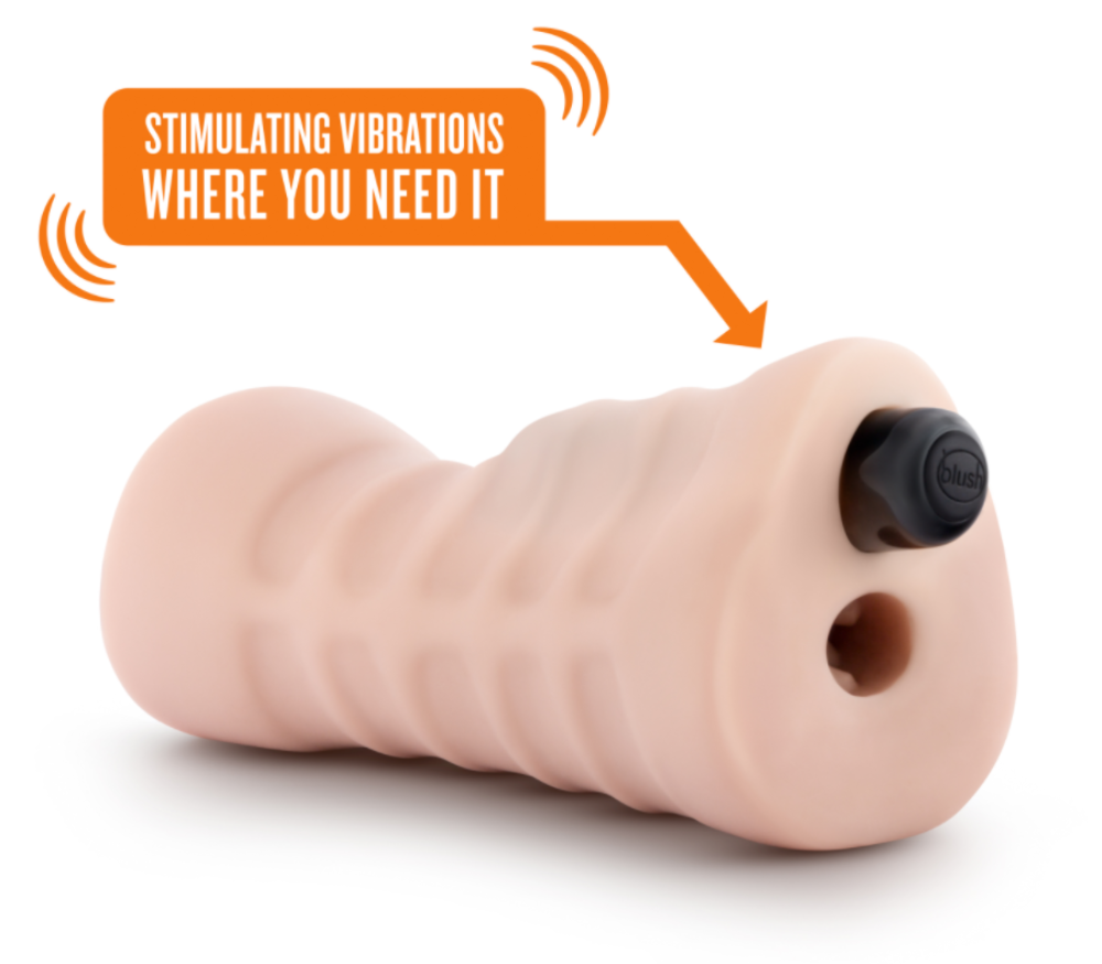A ribbed, vanilla-colored vibrating stroker with a black control knob.
