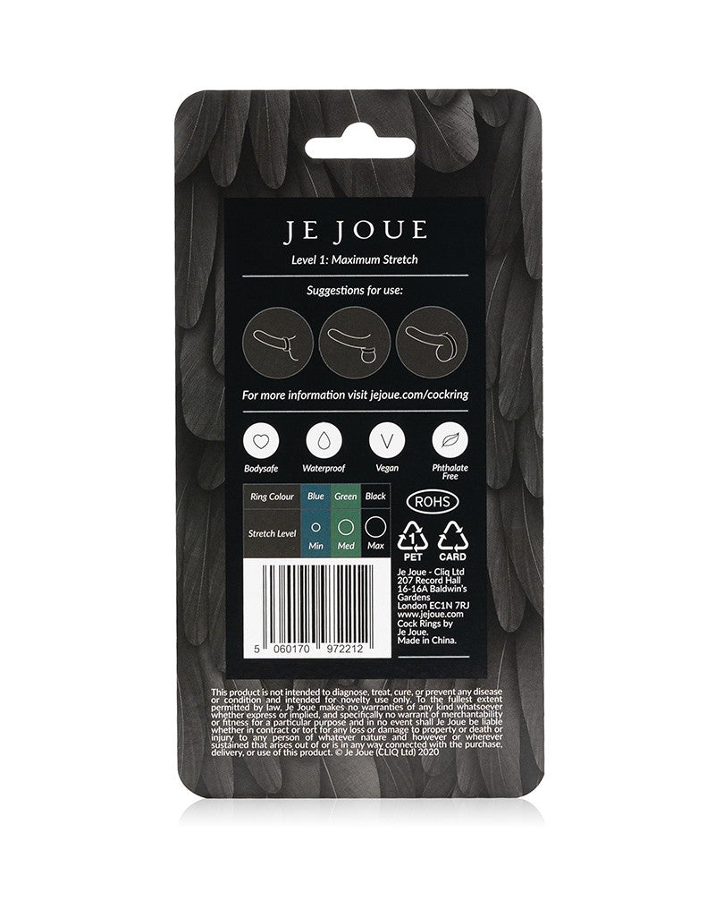 Je Joue Maximum Stretch cock ring in blue, green, or black.