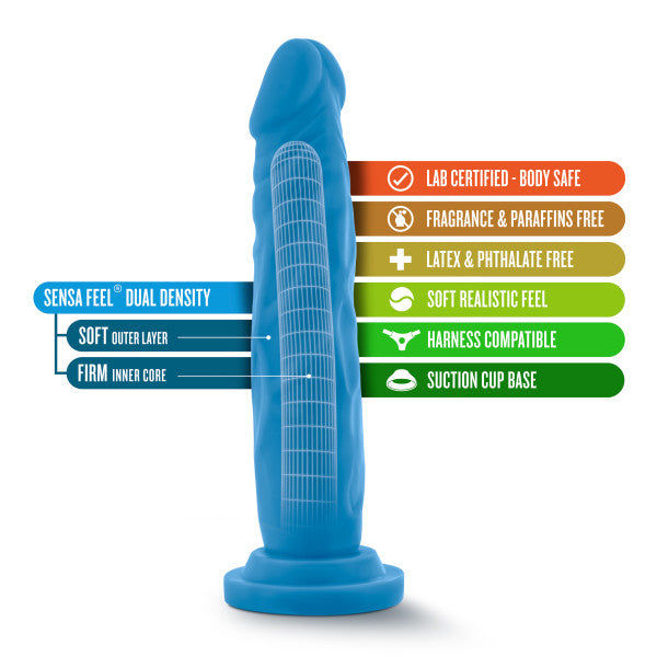 Blue Neo Realistic dual density dildo with firm core, soft outer layer, and suction cup base.