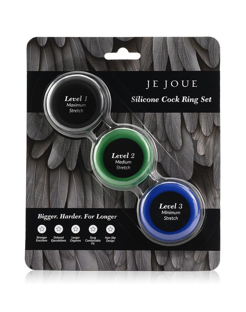 Je Joue Silicone Cock Ring 3-Pack with three levels of stretch.