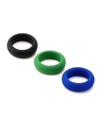 Three silicone rings in black, green, and blue.