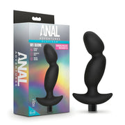 Black silicone prostate massager with a flared base and a bullet vibrator.