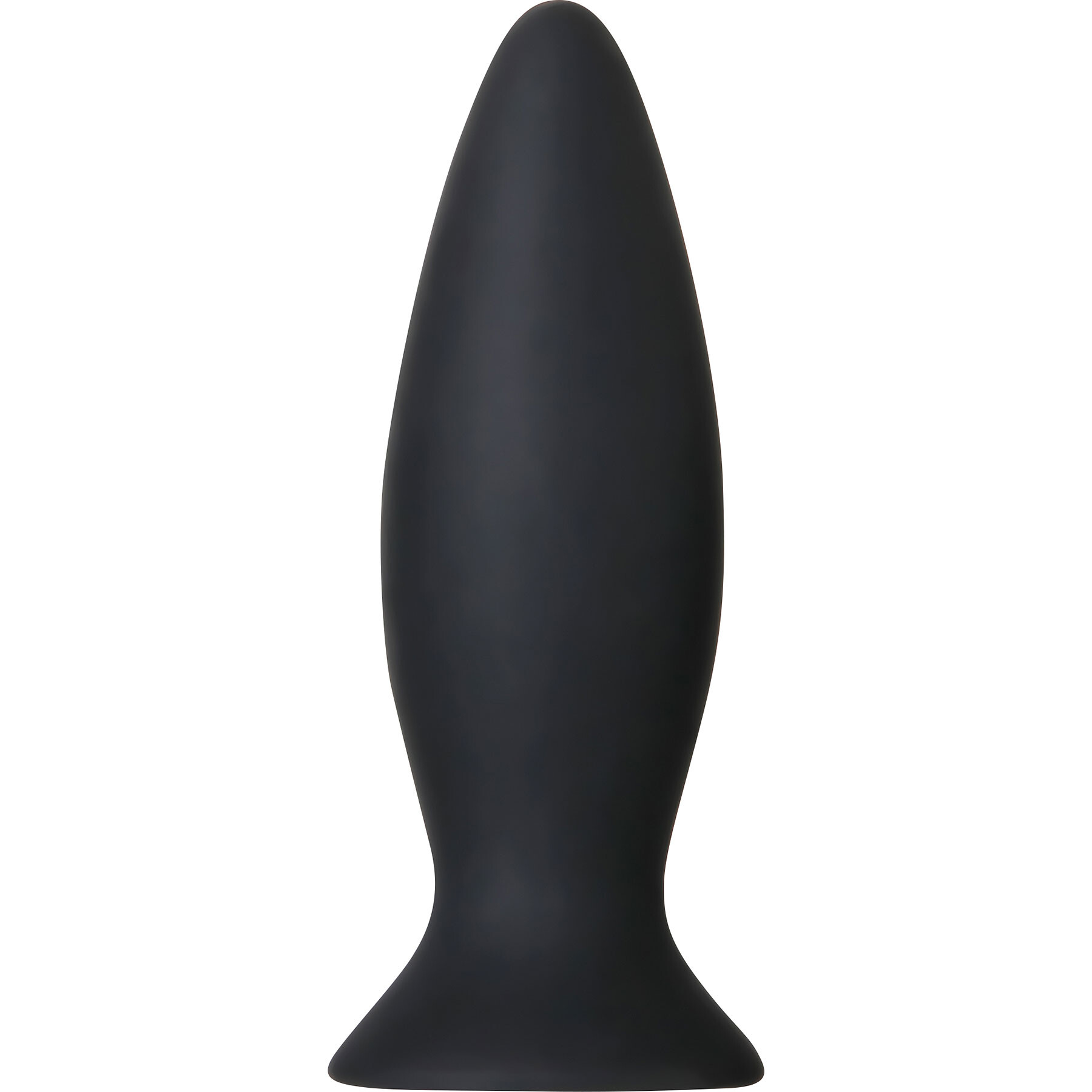 A black, tapered silicone anal plug with a flared base.