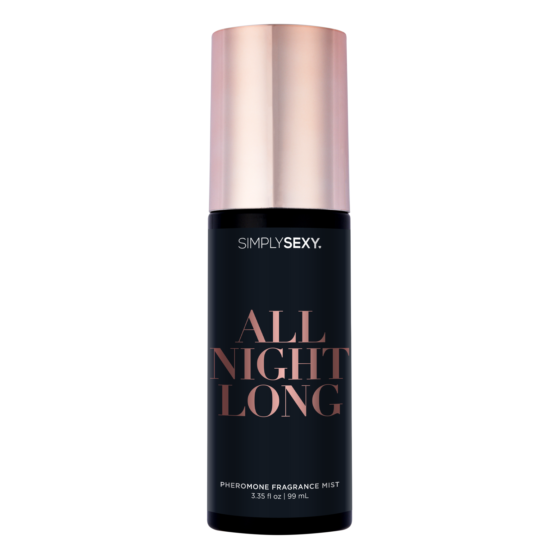 Simply Sexy All Night Long pheromone fragrance mist in a dark bottle with a rose gold cap.