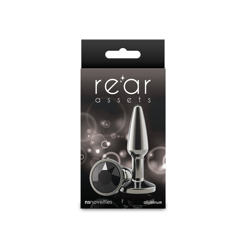 Small gunmetal black tapered aluminum anal plug with a black gem base.