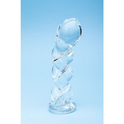 A clear glass dildo with a spiral braid design on a blue background.