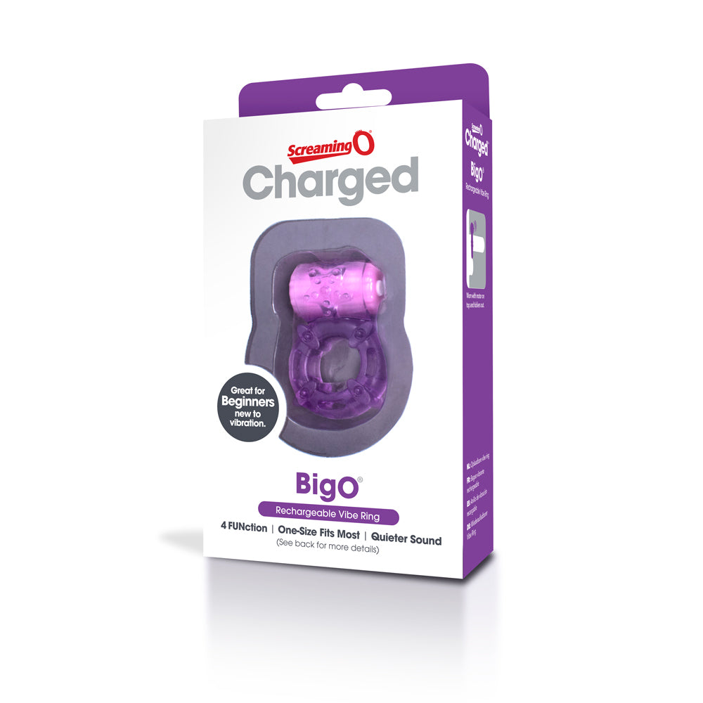 A purple rechargeable vibrating cock ring in its packaging.