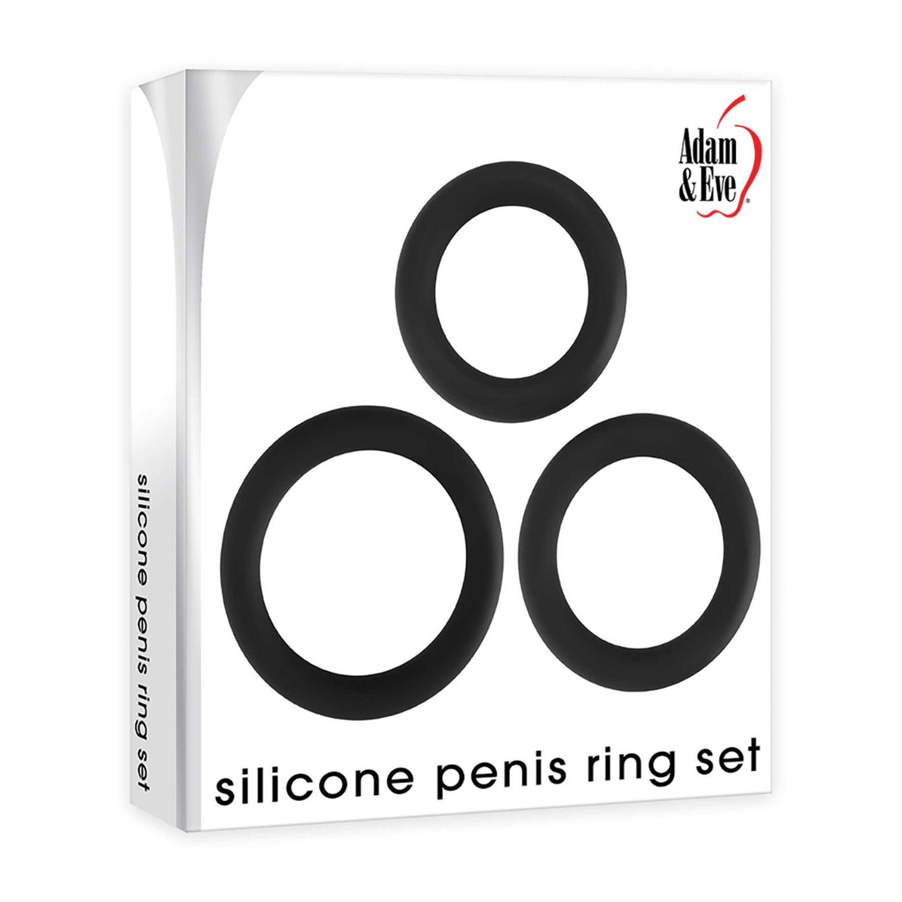 A set of three black silicone cock rings with the Adam & Eve logo.