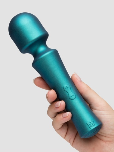 A teal mini wand vibrator with power buttons and the ROMP logo.