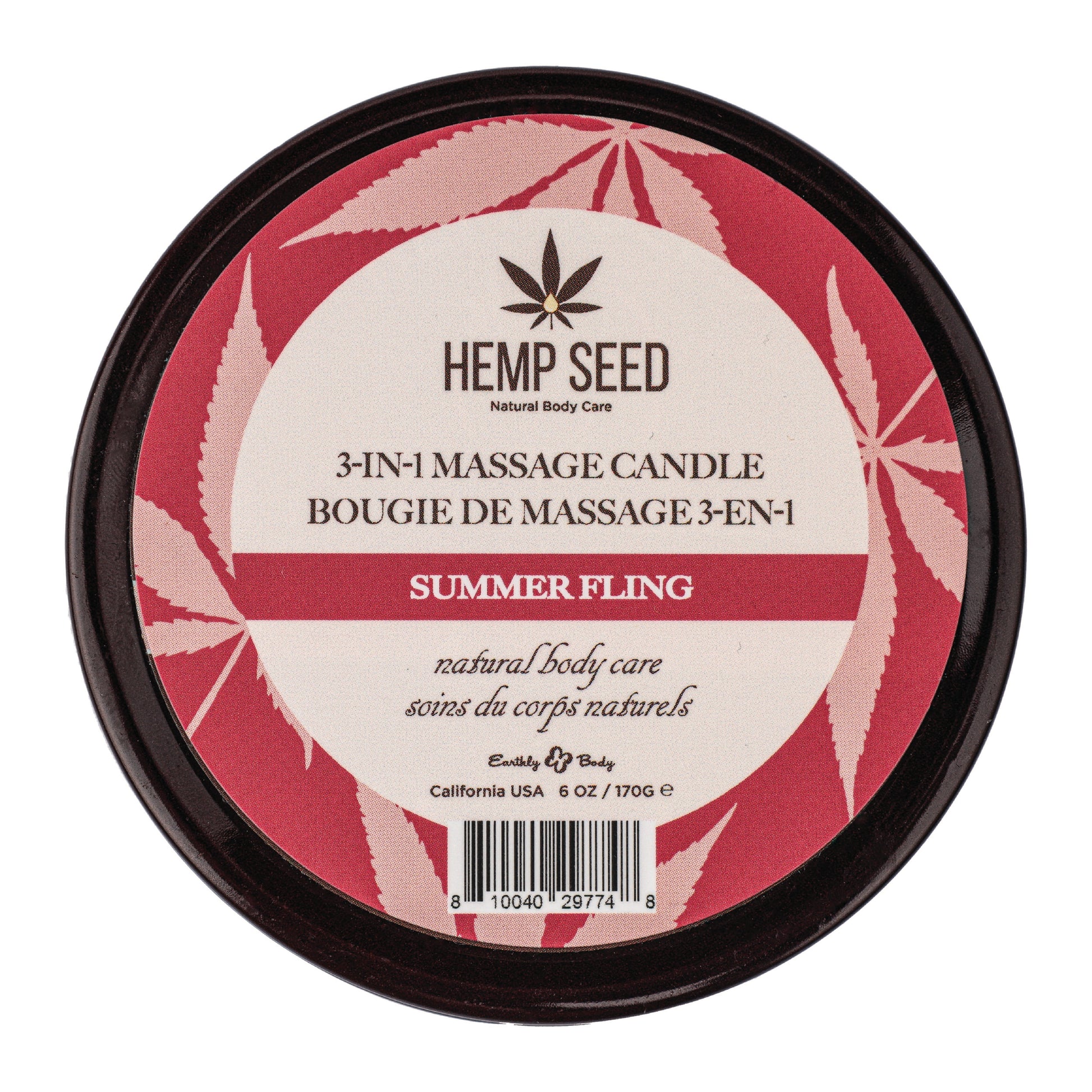 Hemp Seed 3-in-1 Massage Candle in Summer Fling scent with red leaf pattern.