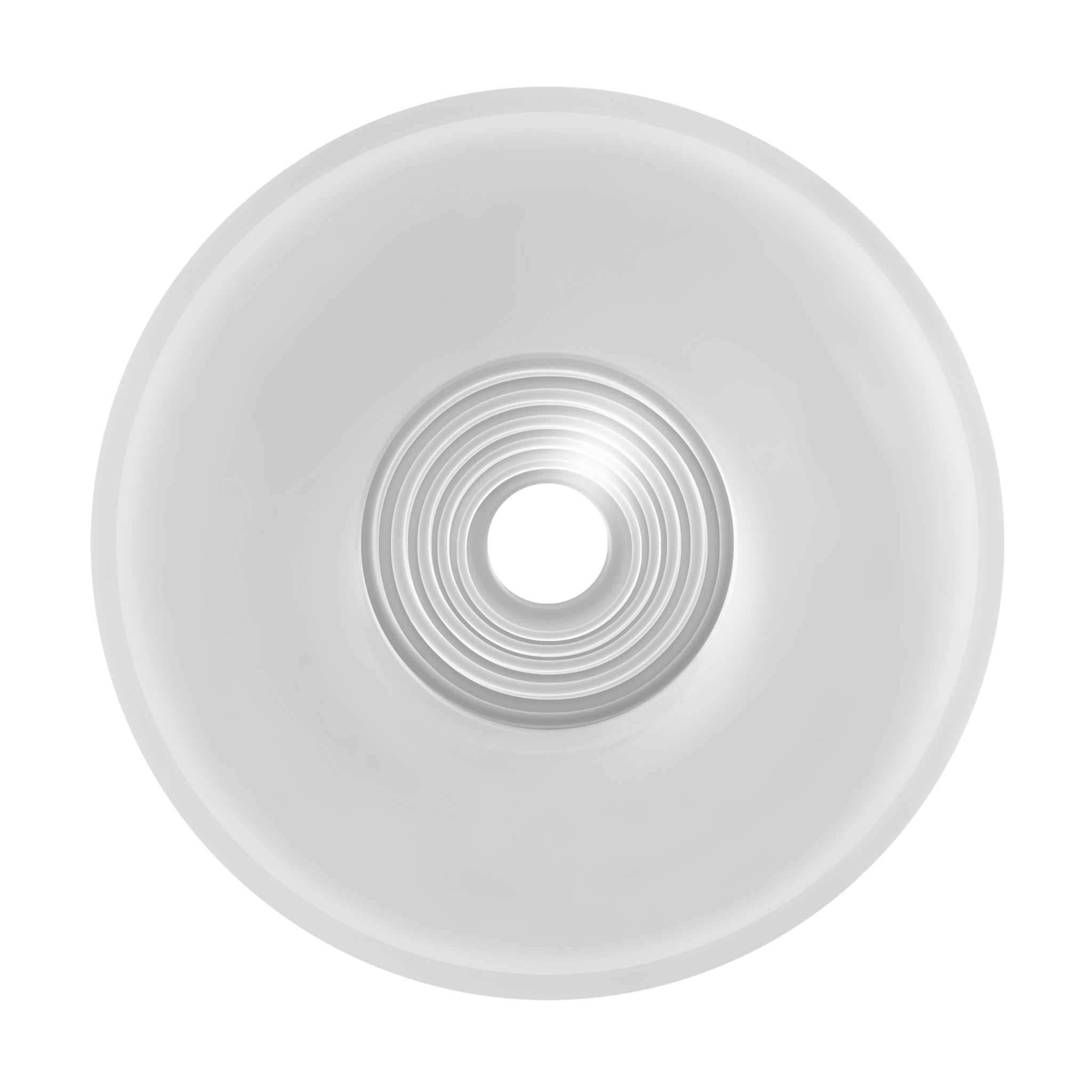 A white, circular stroker with concentric rings and a vibrating C-ring.