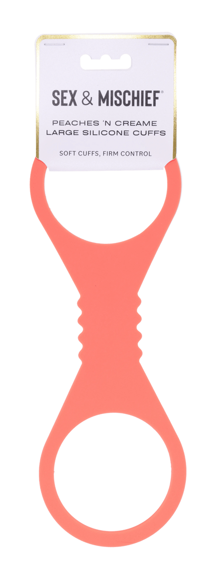 Large silicone wrist and ankle cuffs in a peach color with "Sex & Mischief" branding.