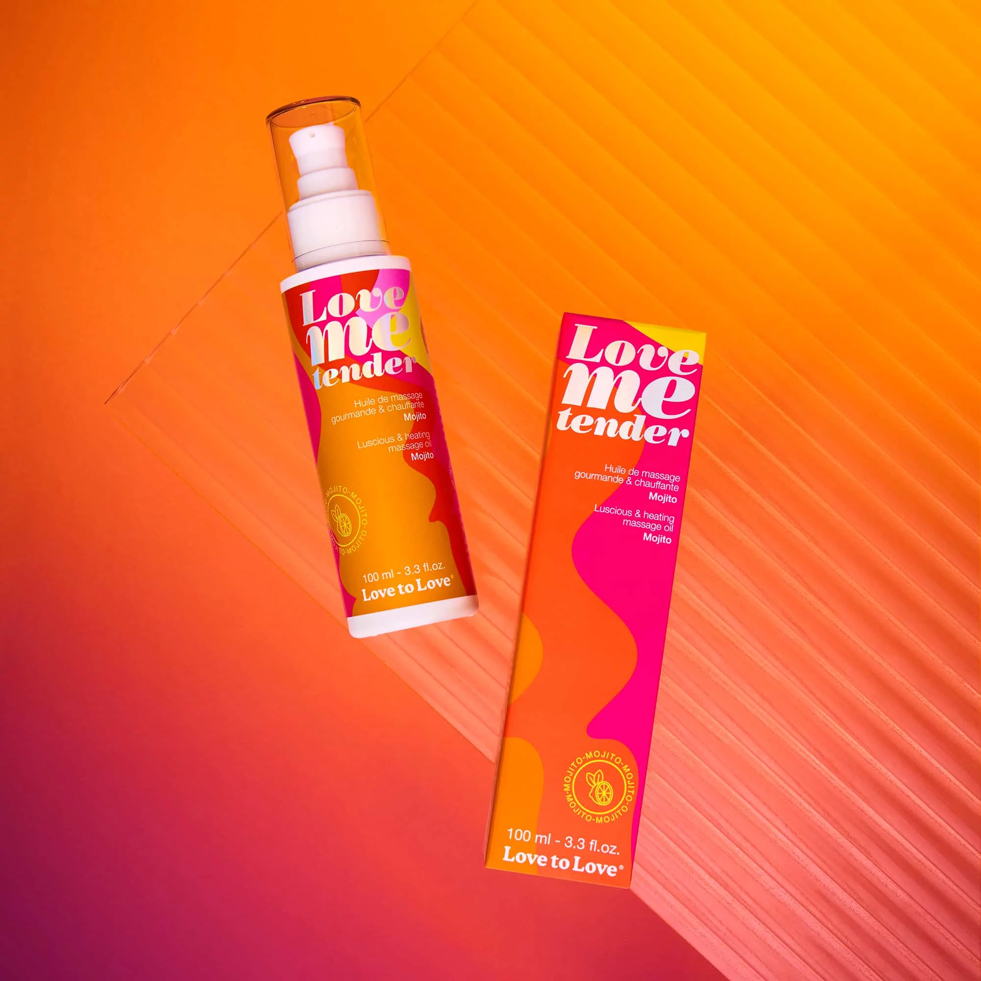 Love me tender warming massage oil in Mojito scent.