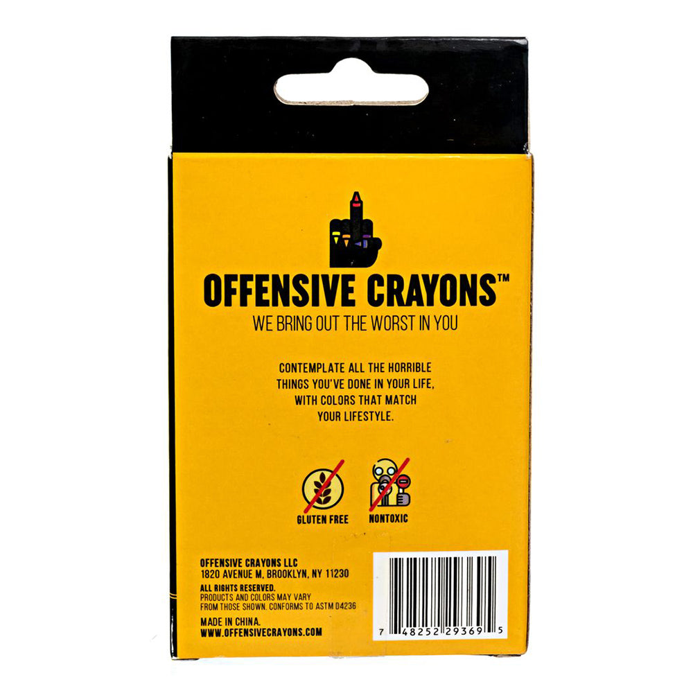 Box of "Offensive Crayons" with a middle finger graphic and text.