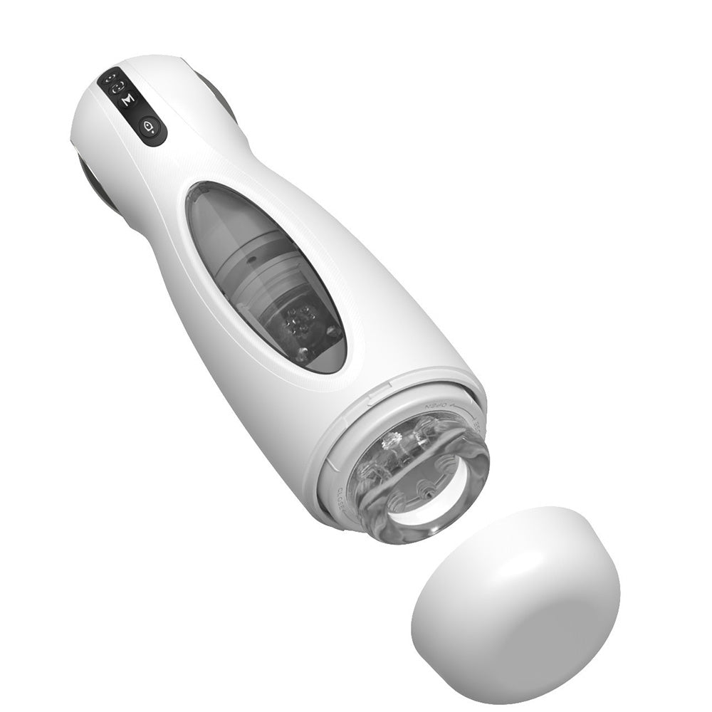 White automatic stroker with clear textured sleeve and removable cap.