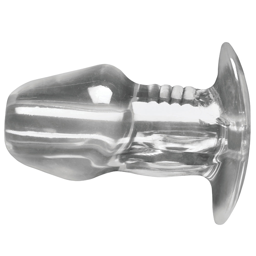 Clear hollow anal plug with a tapered tip and flared base.