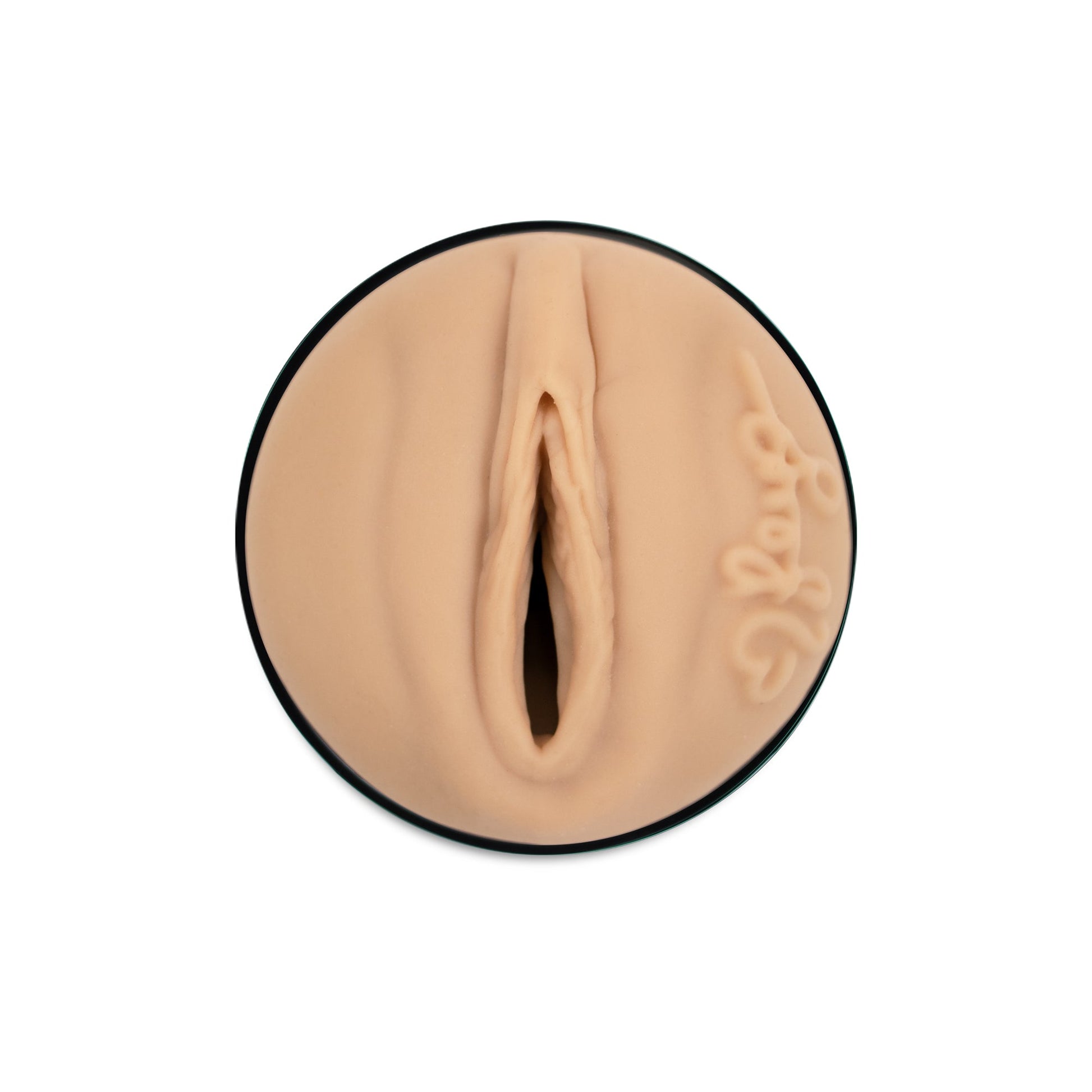 Realistic TPE masturbator sleeve with textured interior and embossed text.