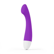 Purple curved silicone G-spot vibrator with white base and app control.