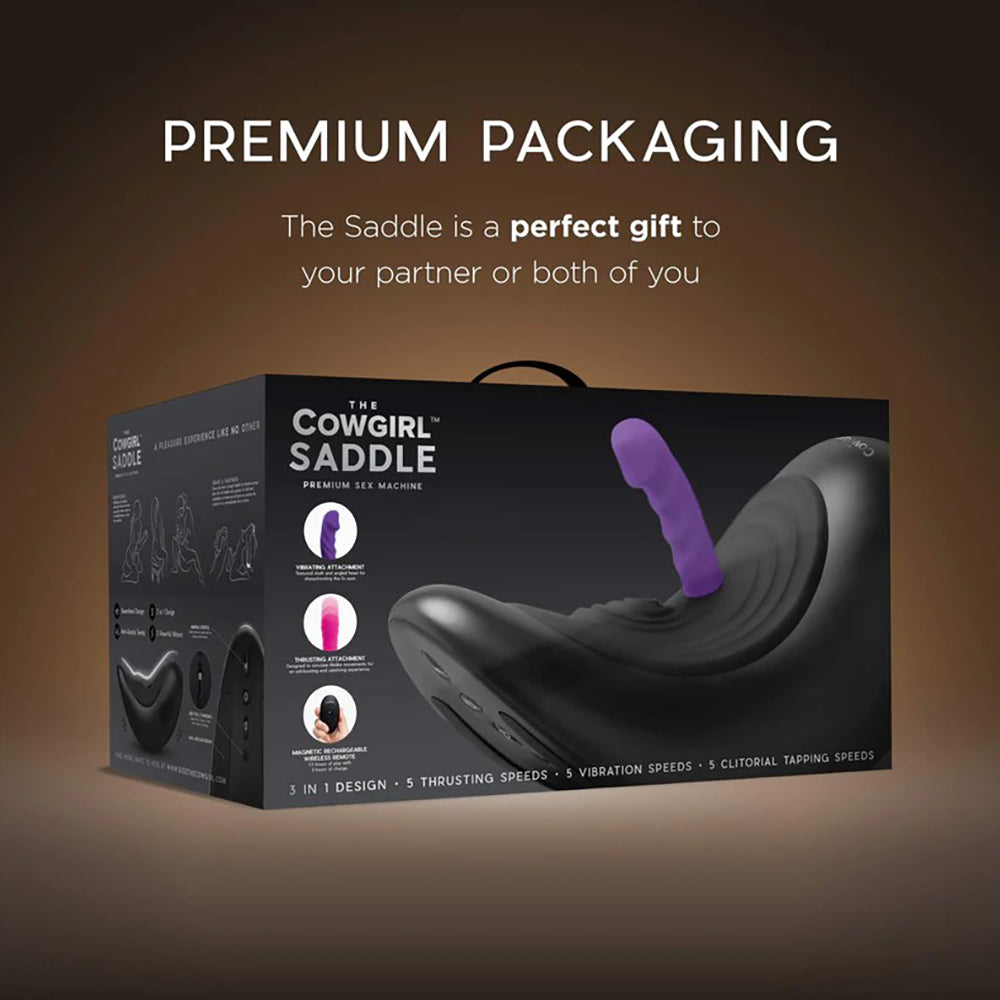 The Cowgirl Saddle sex machine with a purple attachment and remote.