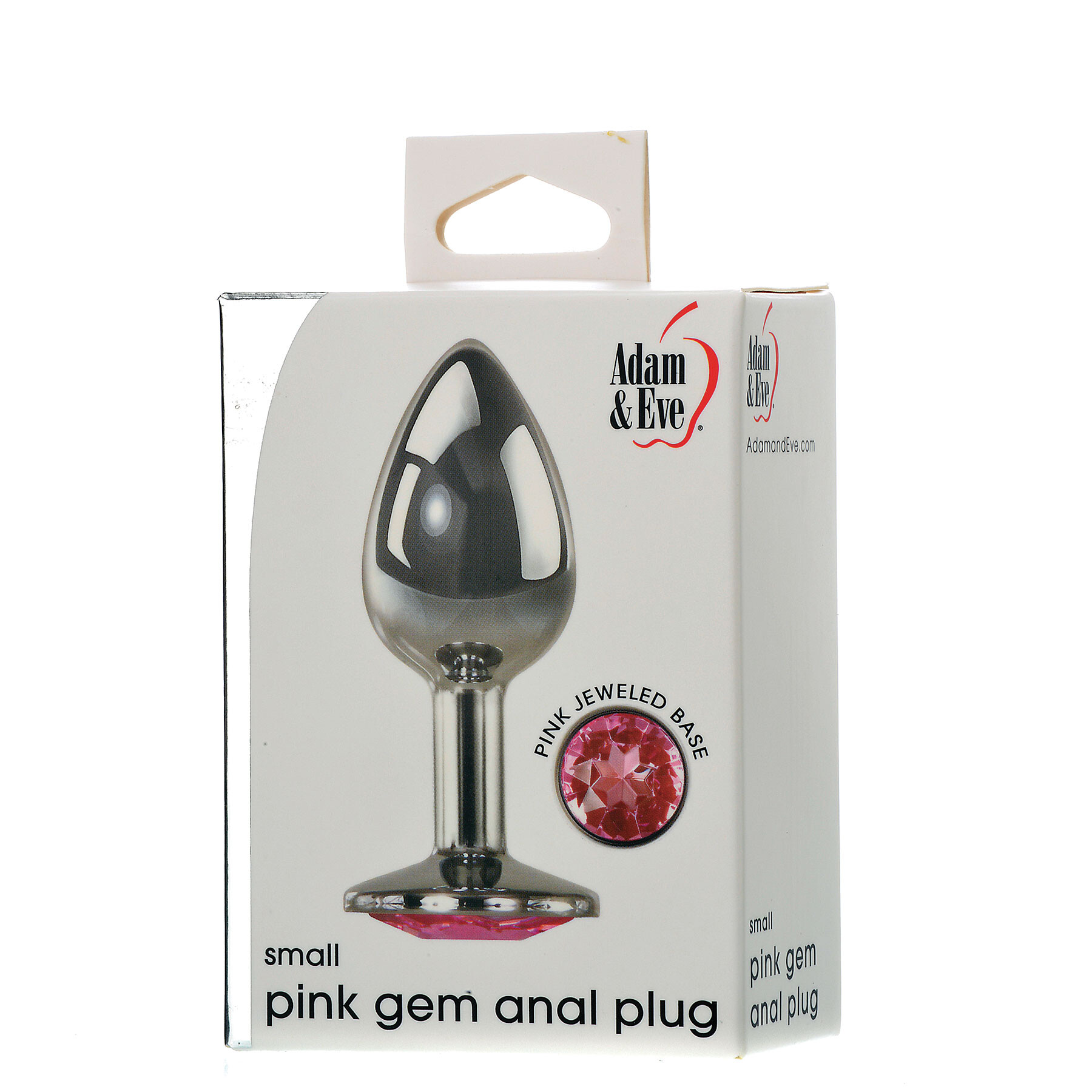 Small aluminum anal plug with pink gem on a white box.
