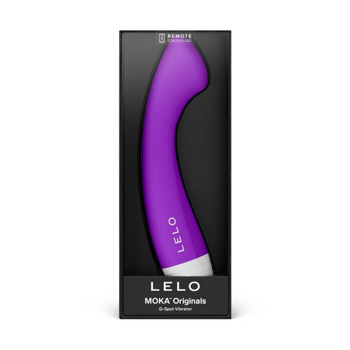 A purple Lelo Moka Originals G-spot vibrator in its packaging.