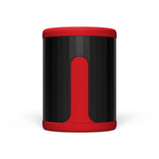 Red and black cylindrical stroker with three buttons on a red strip.