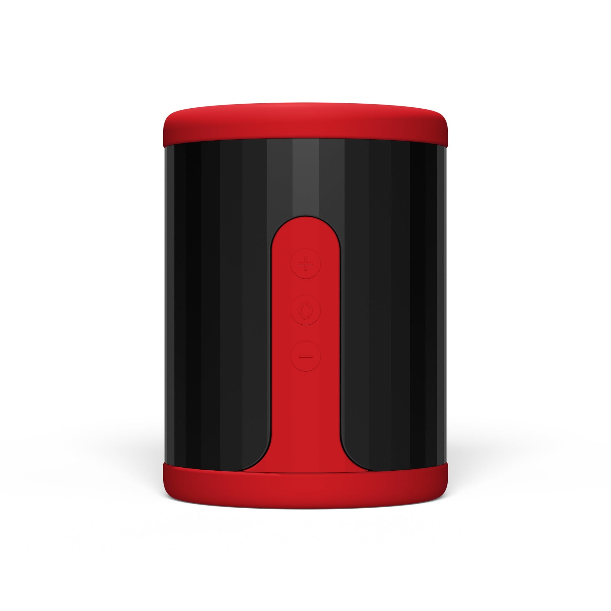 Red and black cylindrical stroker with three buttons on a red strip.
